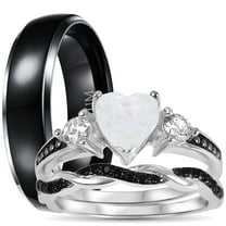 LaRaso & Co His Hers 3 Piece Trio Sterling Silver Black Wedding Band Engagement Ring Set