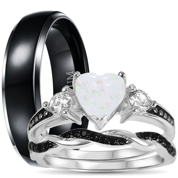 LaRaso & Co His Hers 3 Piece Trio Sterling Silver Black Wedding Band Engagement Ring Set