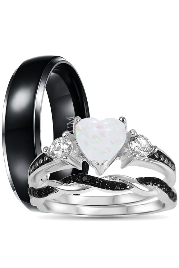 His Hers 3 Piece Trio Sterling Silver Black Wedding Band Engagement Ring Set