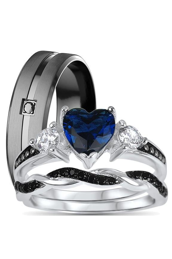 His Hers 3 Piece Trio Sterling Silver Blue Black Wedding Band Engagement Ring Set 11/11