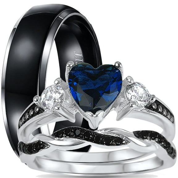 LaRaso & Co His Hers 3 Piece Trio Sterling Silver Blue Black Wedding Band Engagement Ring Set 6/11