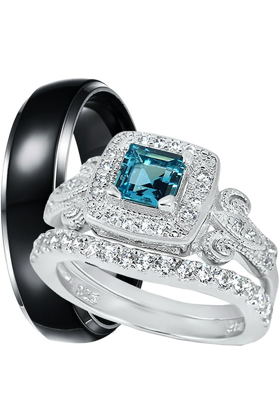 His Hers 3 Piece Trio Sterling Silver Blue Black Wedding Band Engagement Ring Set 6/9