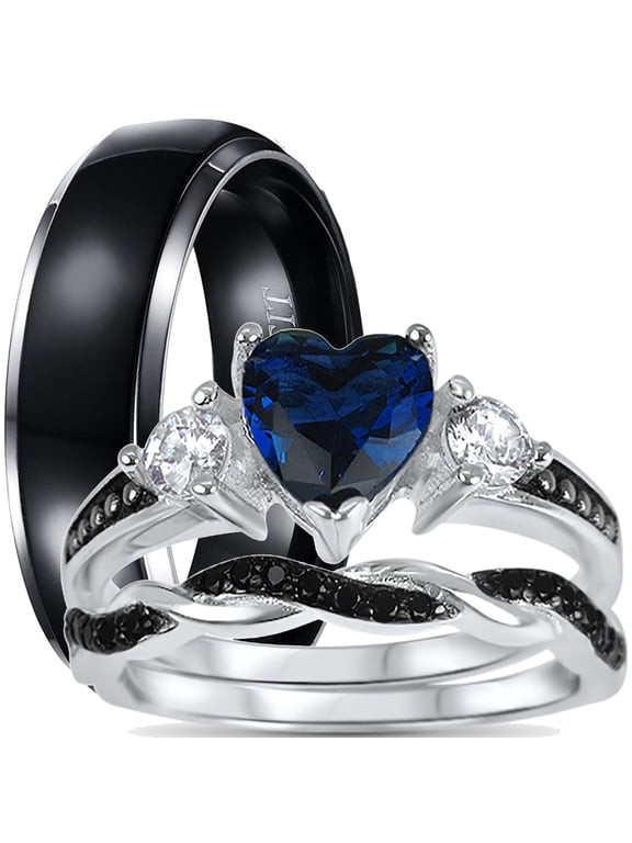 His Hers 3 Piece Trio Sterling Silver Blue Black Wedding Band Engagement Ring Set 8/10