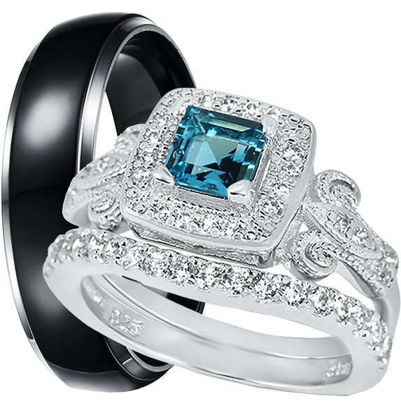 LaRaso & Co His Hers 3 Piece Trio Sterling Silver Blue Black Wedding Band Engagement Ring Set 9/10