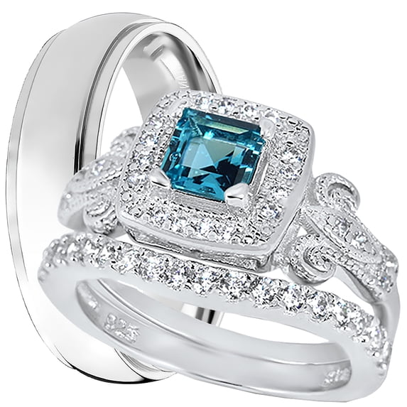 LaRaso & Co His Hers 3 Piece Trio Sterling Silver Blue Wedding Band Engagement Ring Set 9/9