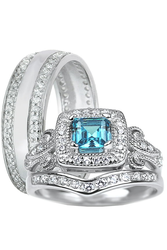 His Hers Blue Topaz CZ Silver Wedding Engagement Ring Set for Men Women Couples Bride Groom