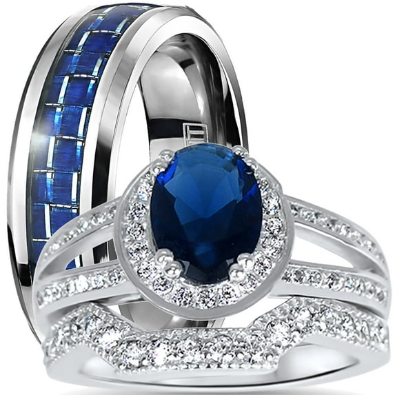 LaRaso & Co His Hers Blue Wedding Set Matching Wedding Engagement Rings Men Women
