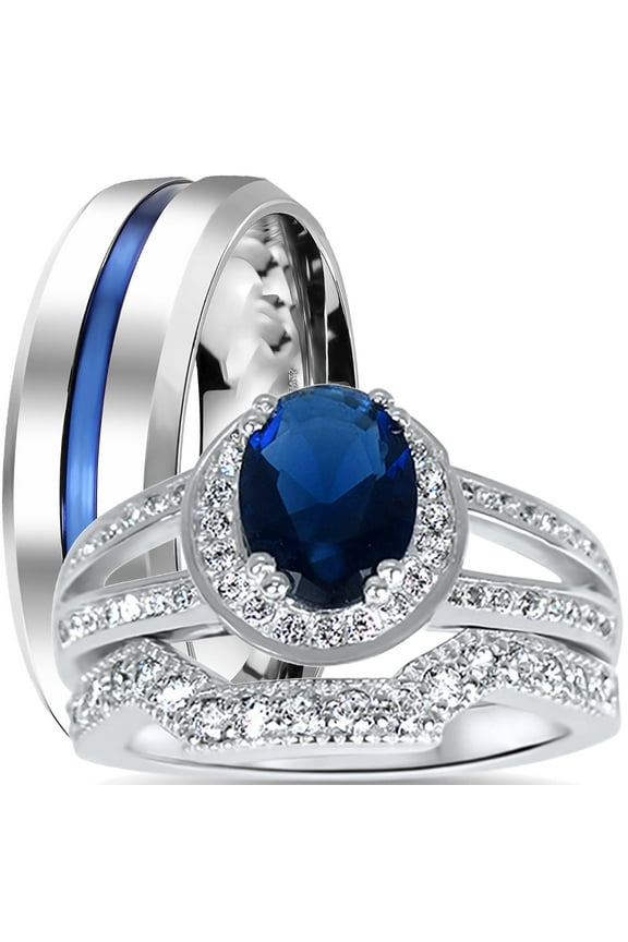 His Hers Blue Wedding Set Matching Wedding Engagement Rings Men Women
