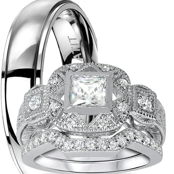 LaRaso & Co His Hers Rings Wedding Ring Set CZ Bridal Sets Couple Rings Women Men Bride Groom 7/8