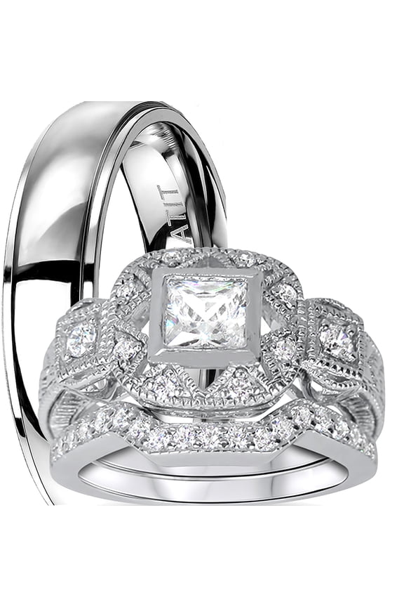 His Hers Rings Wedding Ring Set CZ Bridal Sets Couple Rings Women Men Bride Groom 7/8