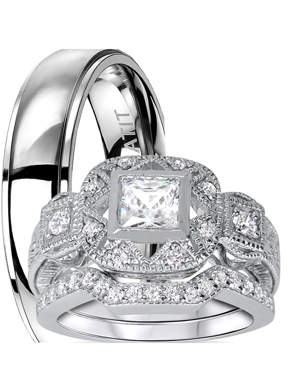 His Her TRIO Wedding Set Vintage Silver Titanium Couples Rings 8/14