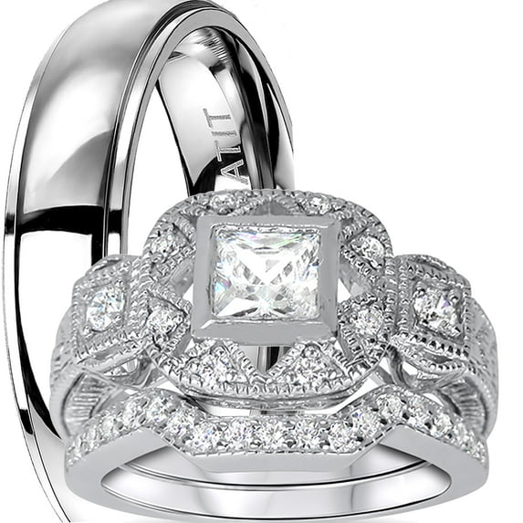 LaRaso & Co His Hers Rings Wedding Ring Set CZ Bridal Sets Couple Rings Women Men Bride Groom 9/12