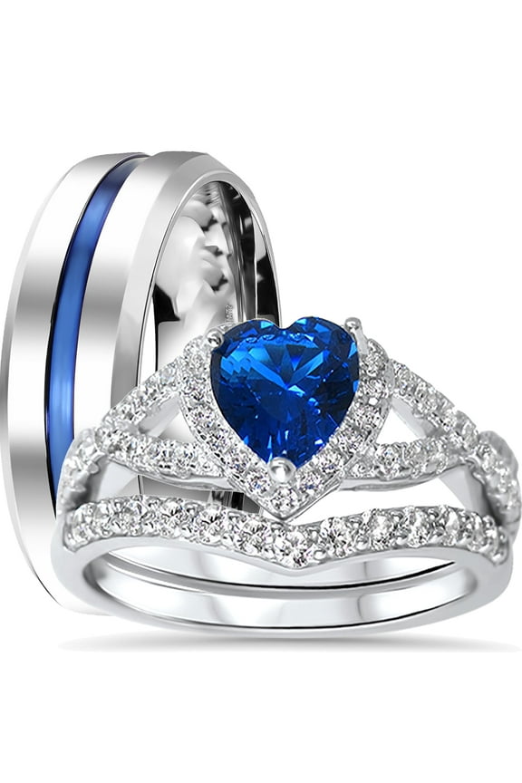 His Hers Sterling Blue Sapphire CZ Bridal Wedding Band Engagement Ring Set Men Women Thin Blue Line