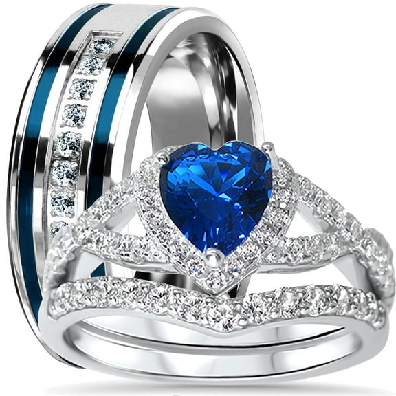 LaRaso & Co His Hers Sterling Blue Sapphire CZ Bridal Wedding Band Engagement Ring Set Men Women Thin Blue Line