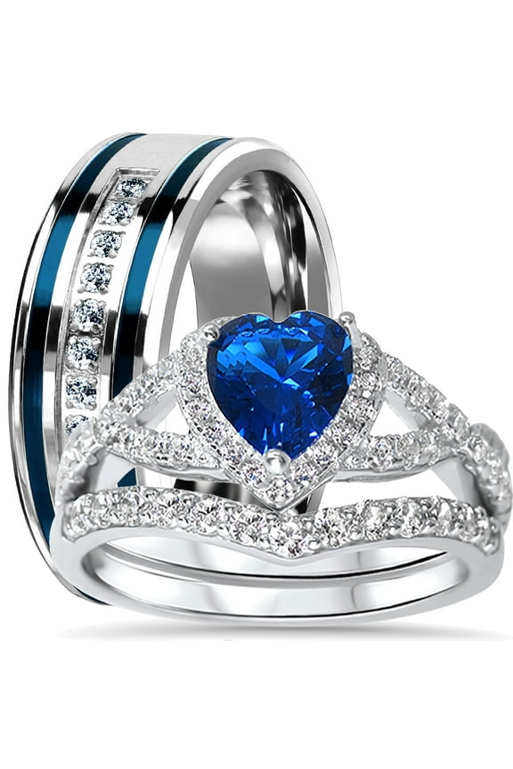 His Hers Sterling Blue Sapphire CZ Bridal Wedding Band Engagement Ring Set Men Women Thin Blue Line