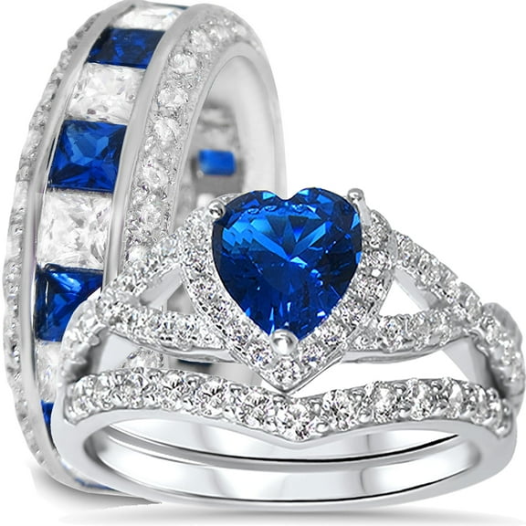 LaRaso & Co His Hers Sterling Blue Sapphire CZ Bridal Wedding Band Engagement Ring Set Men Women