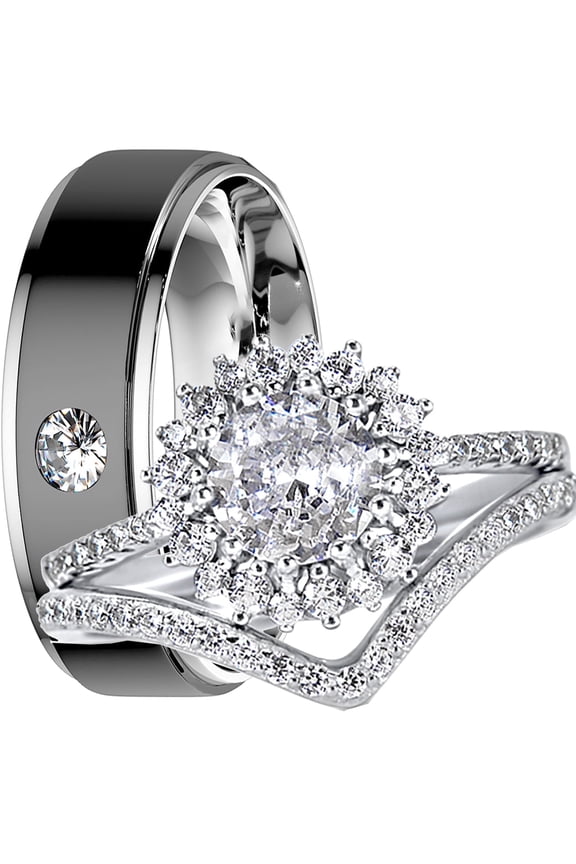His Hers TRIO Wedding Ring Set Silver Steel Halo Engagement and Bridal Band Women Men