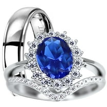 LaRaso & Co His Hers TRIO Wedding Rings Set Silver Titanium Blue Sapphire CZ Bridal Ring Set Men Women