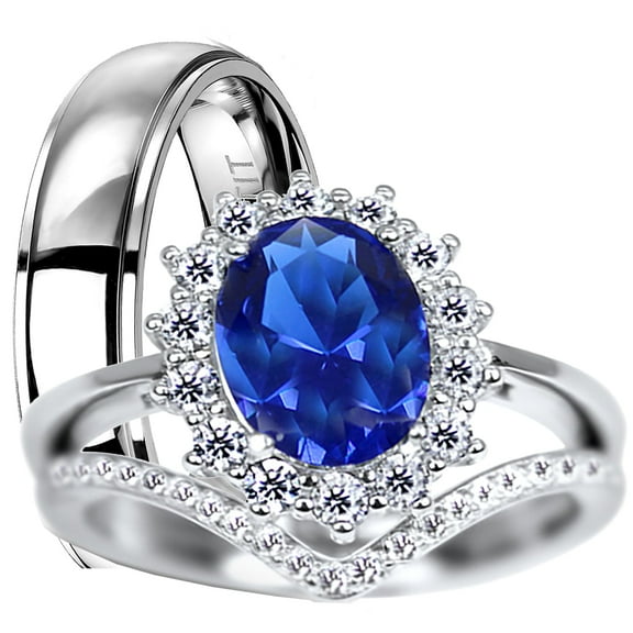 LaRaso & Co His Hers TRIO Wedding Rings Set Silver Titanium Blue Sapphire CZ Bridal Ring Set Men Women