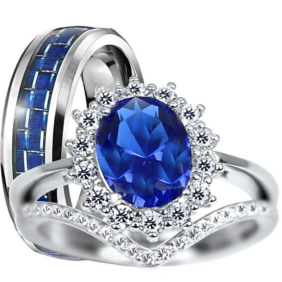 LaRaso & Co His Hers TRIO Wedding Rings Set Silver Titanium Blue Sapphire CZ Bridal Ring Set Men Women