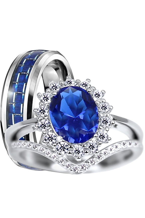 His Hers TRIO Wedding Rings Set Silver Titanium Blue Sapphire CZ Bridal Ring Set Men Women