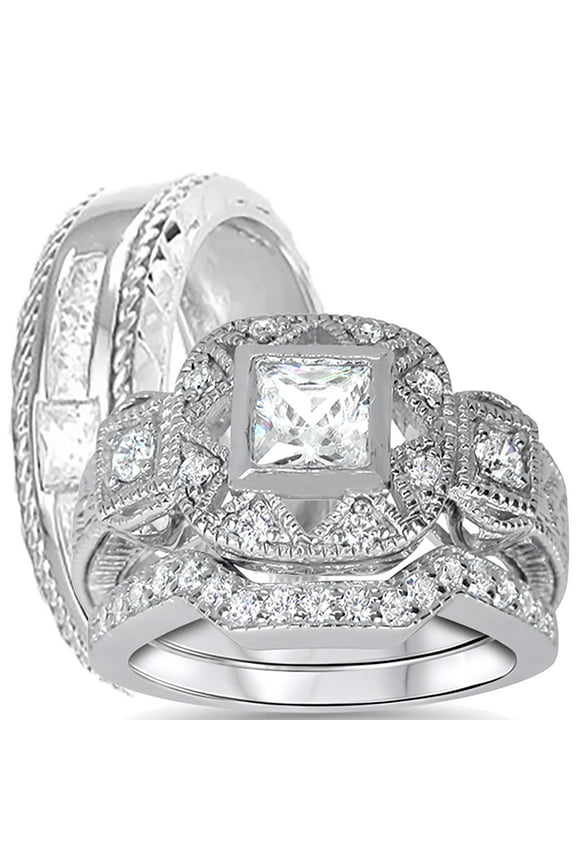 His Hers Trio Wedding Rings Set Silver Princess Cut CZ Band Engagement Couple Bride Groom