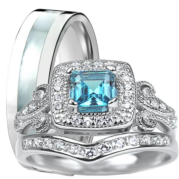 LaRaso & Co His Hers Vintage Blue Topaz Silver Wedding Engagement Ring Set for Women Men