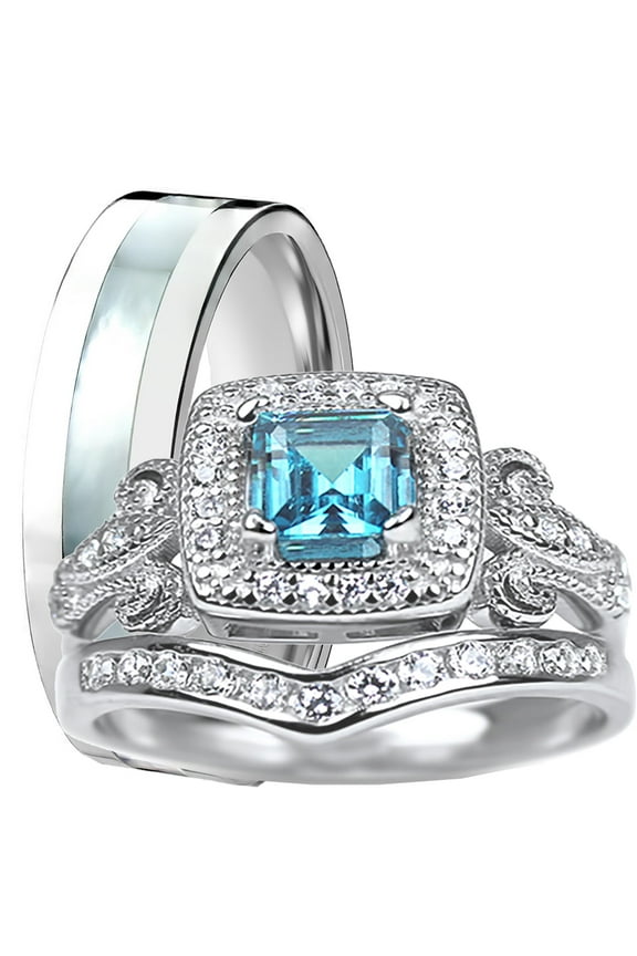 His Hers Vintage Blue Topaz Silver Wedding Engagement Ring Set for Women Men