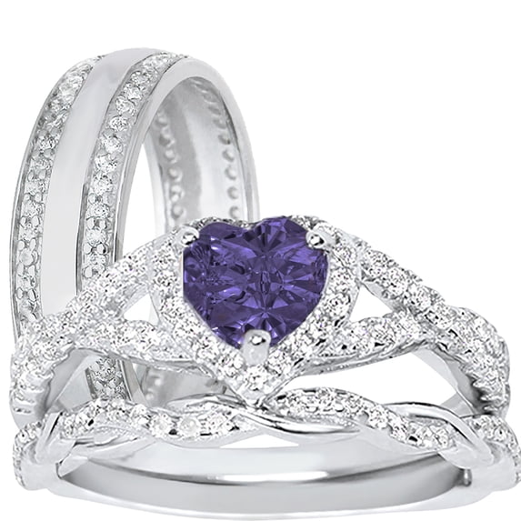LaRaso & Co His Hers Wedding Ring Set Couples Rings Purple Amethyst Black Silver Bride Groom 6/13