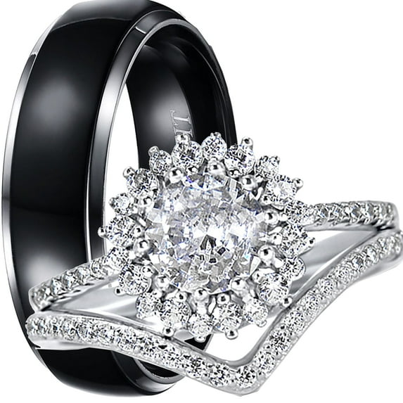 LaRaso & Co His Hers Wedding Ring Set TRIO 3 PCS Simulated Diamond Bridal Set Silver Titanium Women Men