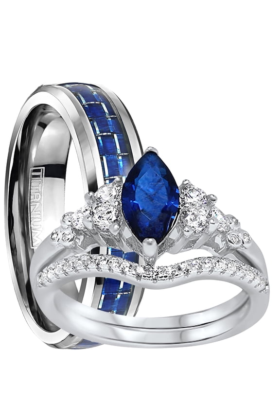 His Hers Wedding Rings Set TRIO Sapphire Blue Silver Titanium Engagement Couples Rings 9/13