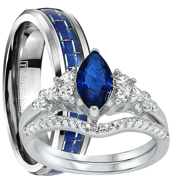 LaRaso & Co His Hers Wedding Rings Set TRIO Sapphire Blue Silver Titanium Engagement Couples Rings 9/9