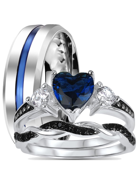 His Hers Wedding Set Sterling Silver 3 Piece Trio 1 Carat Heart Cut Simulated Sapphire Engagement Couples Rings 10/12