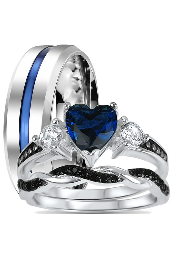 His Hers Wedding Set Sterling Silver 3 Piece Trio 1 Carat Heart Cut Simulated Sapphire Engagement Couples Rings 5/10