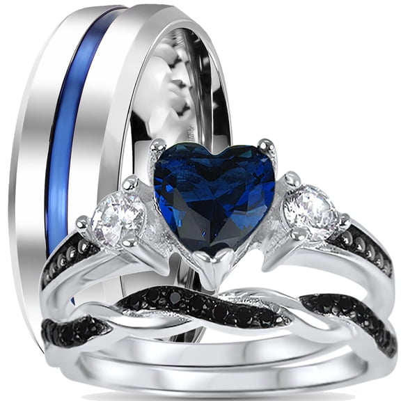 LaRaso & Co His Hers Wedding Set Sterling Silver 3 Piece Trio 1 Carat Heart Cut Simulated Sapphire Engagement Couples Rings 9/9