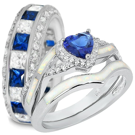 LaRaso & Co His and Hers Wedding Ring Set Sterling Silver Blue Sapphire Rings Women Men 7/10