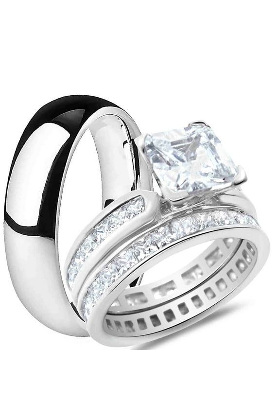 His Her Wedding Set TRIO Silver Titanium CZ Princess Cut Bridal Rings 7/6