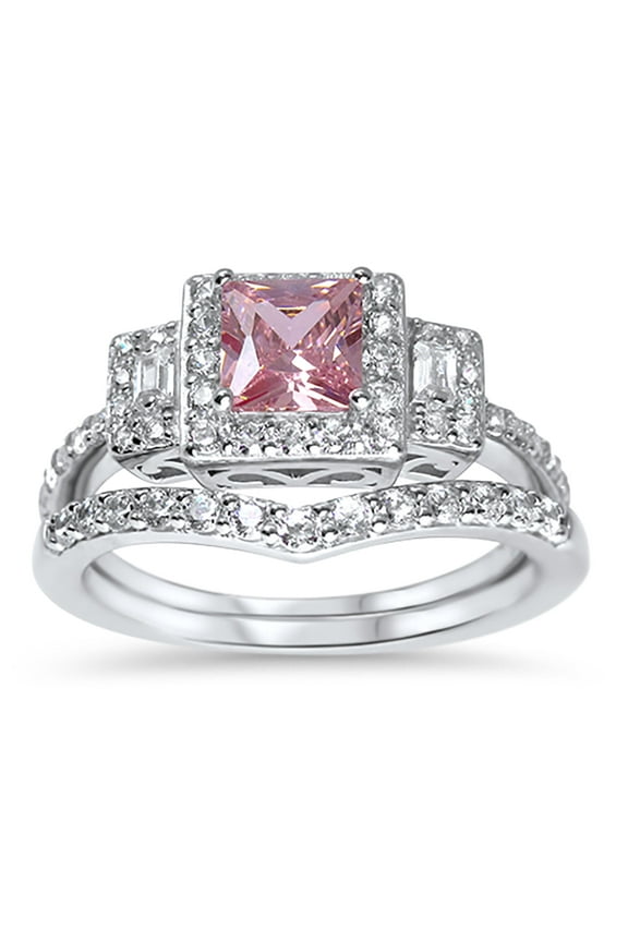 LaRaso Co Pink CZ Wedding Ring Set in Sterling Silver for Women Size 6