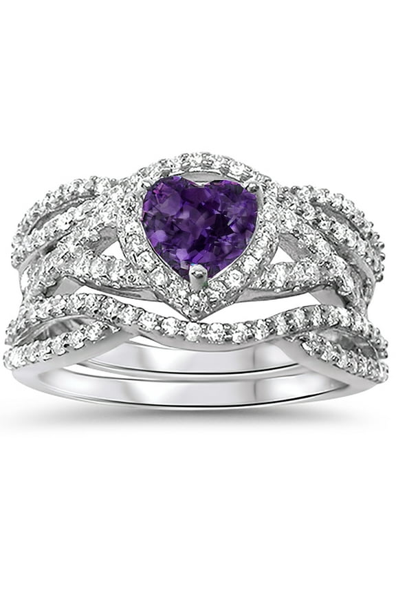 LaRaso Co Purple February Birthstone Heart Sterling Silver Wedding Engagement Ring Guard Wrap Set for Women Size 7