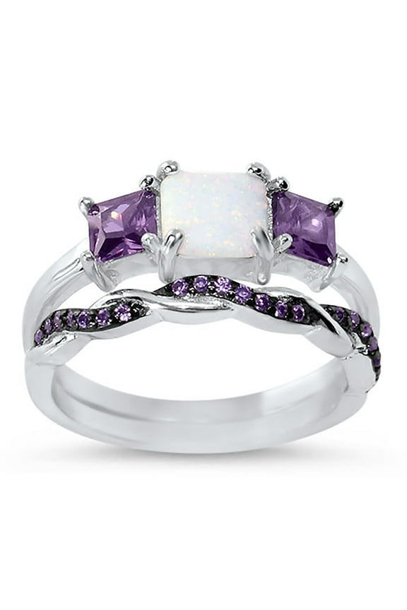 Purple White Fire Opal Wedding Ring Set for Women CZ Silver Wedding Set Size 10
