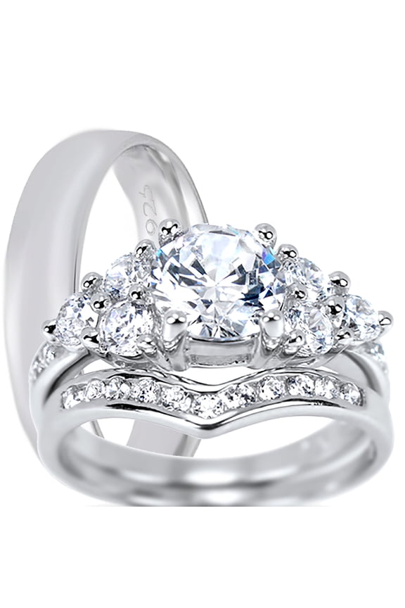 Silver His Hers Wedding Ring Set TRIO Matching Rings for Him Her Sizes 9/13