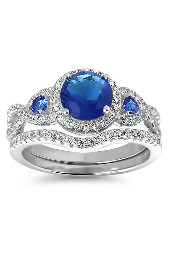 Sterling Silver 1 Carat Blue Sapphire CZ Wedding Engagement Ring Set for Women 7