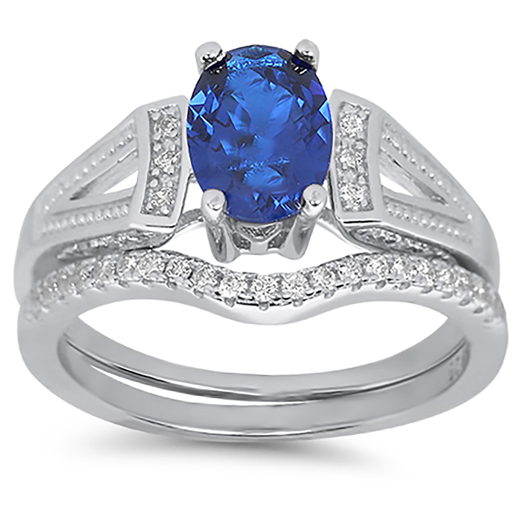 LaRaso & Co Sterling Silver 1 Carat Blue Sapphire CZ Wedding Engagement Ring Set for Women 7