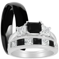 LaRaso & Co TRIO His Hers Wedding Ring Set Silver Black CZ Wedding Band Engagement Ring Set Men Women