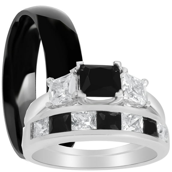 LaRaso & Co TRIO His Hers Wedding Ring Set Silver Black CZ Wedding Band Engagement Ring Set Men Women