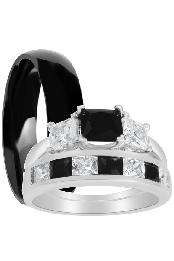 TRIO His Hers Wedding Ring Set Silver Black CZ Wedding Band Engagement Ring Set Men Women