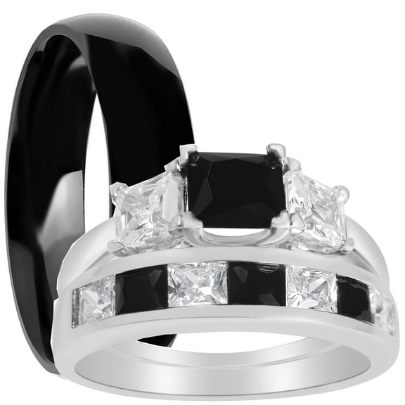 LaRaso & Co TRIO His Hers Wedding Ring Set Silver Black CZ Wedding Band Engagement Ring Set Men Women