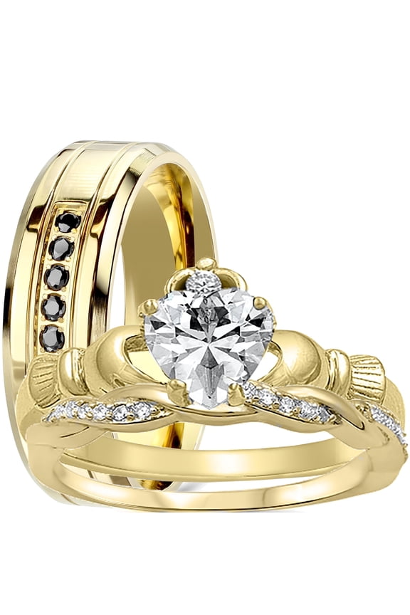 Trio His Her Wedding Ring Set 14K Gold Plated Silver Womens Claddagh Bridal Steel Band for Him 10/9