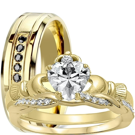 LaRaso & Co Trio His Her Wedding Ring Set 14K Gold Plated Silver Womens Claddagh Bridal Steel Band for Him 7/10