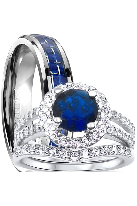 Trio His Her Wedding Ring Set, Silver Titanium Wedding Bands, Simulated Sapphire Bridal Rings Men Women 9/9